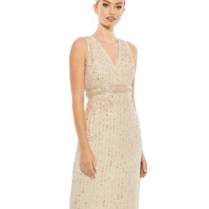MAC DUGGAL 70267 SEQUINED SLEEVELESS V-NECK NUDE MIDI SHEATH DRESS sz 10